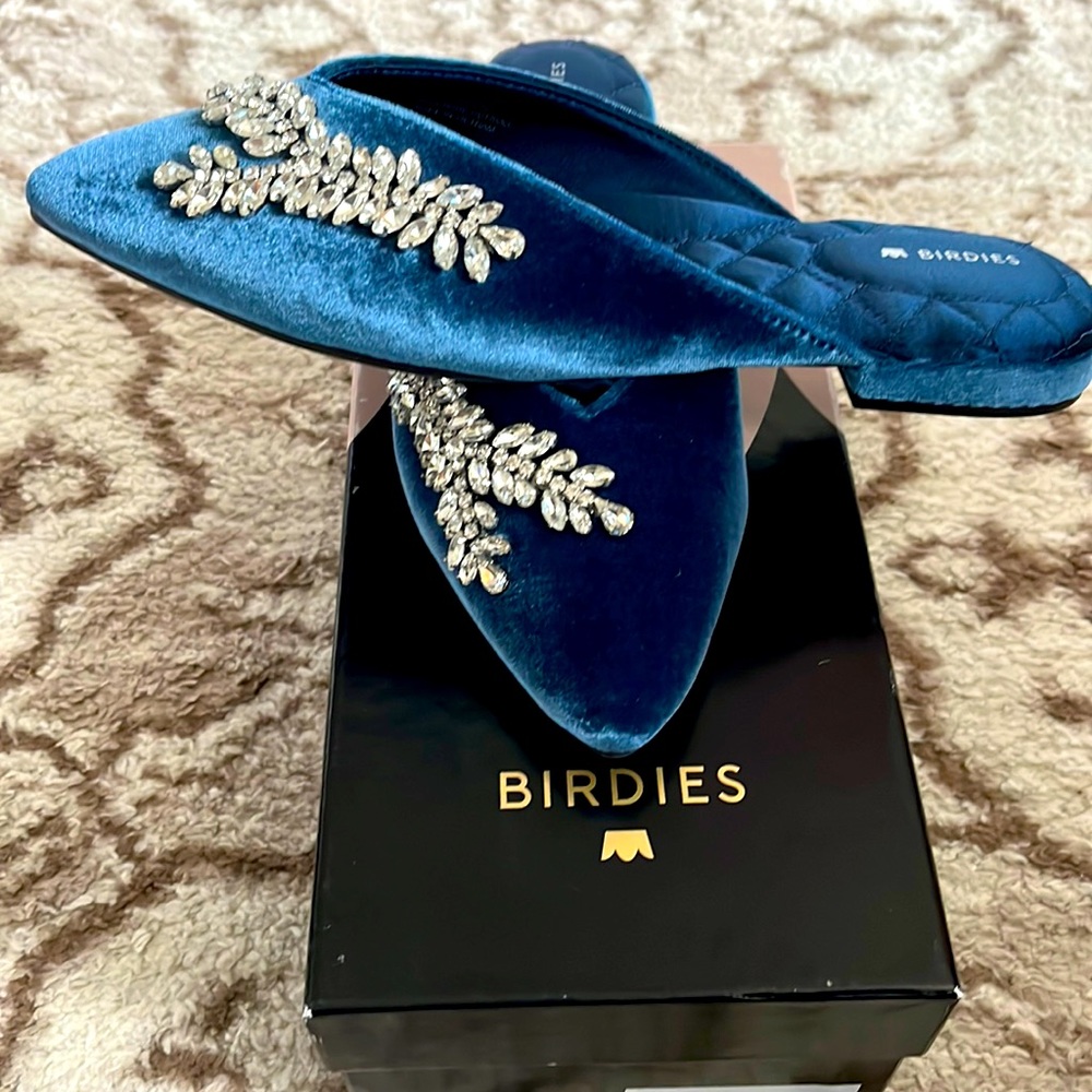 Blue Velvet Birdies Swan Mules with Jewel Detail